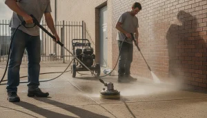 Greer technicians compare pressure washing vs power washing and protect joints on concrete, brick, and metal surfaces